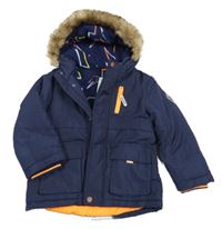 Tmavomodrá šusťáková zimní bunda s kapsami a kapucí s kožešinou F&F