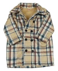 Smetanovo-šedý kostkovaný zateplený teplákový kabát 