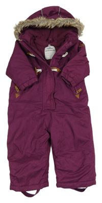 Fialová šusťáková zimní kombinéza s kapucí s kožešinou Topomini