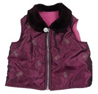 Vínová šusťáková zateplená vesta s výšivkami květů M&S