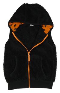 Černá chlupatá propínací vesta s oranžovým zipem a kapucí Kiki&Koko