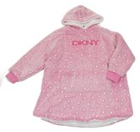 Růžová chlupatá zateplená oversize domácí mikina s logem a kapucí DKNY