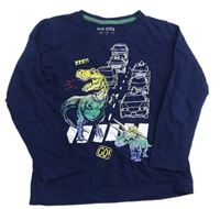 Tmavomodré triko s dinosaury a auty Blue Seven