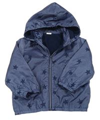 Tmavomodrá melírovaná šusťáková podzimní lehce zateplená bunda s kapucí a hvězdami zn. H&M