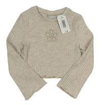 Béžové žebrované crop triko s květem a kamínky Matalan