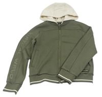Khaki-béžová propínací mikina s nápisy a kapucí 