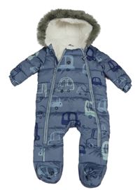 Šedomodrá šusťáková zimní kombinéza s auty a kapucí F&F