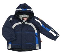 Tmavomodro-šedá šusťáková zimní lyžařská bunda s pruhy a kapucí 