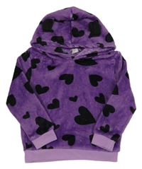 Fialovo-černá plyšová mikina se srdíčky a kapucí Shein