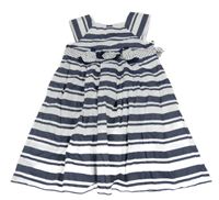 Bílo-šedomodré pruhované šaty s 3D květy 