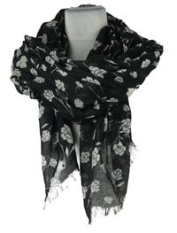 Dámský černý šátek s květy a třásněmi