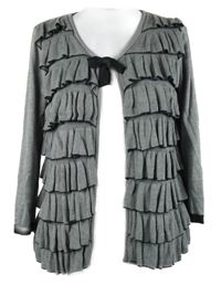 Dámský šedý svetrový cardigán s volánky a mašlí M&S