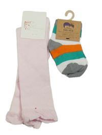 Nové - 2x ponožky pruhované+ růžové