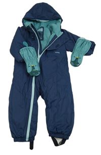 Tmavomodro-modrá šusťáková zimní funkční kombinéza s kapucí + rukavice Wed´ze