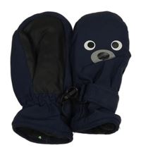 Tmavomodré šusťákové zimní palcové rukavice s medvídkem