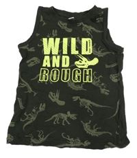 Tmavozelené tílko s dinosaury a nápisem Dopodopo