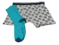 2set -  azurové ponožky - nové + šedé boxerky s míči
