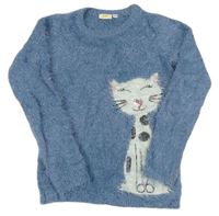Modrý chlupatý svetr s kočičkou 