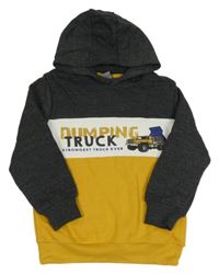 Tmavošedo-okrovo-bílá mikina s náklaďákem a kapucí Kiki&Koko