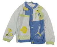 Bílo-modro-limetkový propínací svetr se zvířátky Tu