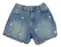 Nové - Světlemodré riflové kraťasy s kytičkami 