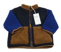 Nové - Tmavomodro-béžovo-modrá huňatá propínací podšitá mikina Next