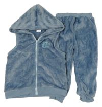 2set - Modrošedá chlupatá vesta s kapucí + kalhoty 