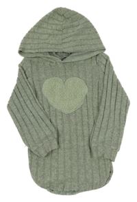 Khaki-šedý žebrovaný svetr se srdíčkem a kapucí