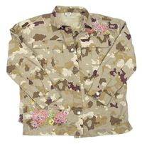 Béžovo-army plátěná oversize košilová bunda s kytičkami a korálky RIVER ISLAND