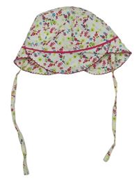Smetanový plátěný zavazovací klobouk s kytičkami a kšiltem lupilu