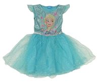 Světlemodro-azurové šaty s Elsou a tylem s puntíky a volánky Disney