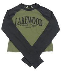 Khaki-tmavošedé žebrované crop triko s nápisy H&M
