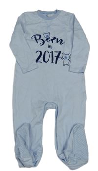 Světlemodro-bílý pruhovaný overal s nápisem a medvídky F&F