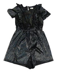 Černo-stříbrný pruhovaný sametový kraťasový slavnostní overal s volánky F&F