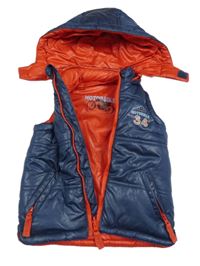 Tmavomodrá prošívaná šusťáková zateplená oboustranná vesta s číslem a odepínací kapucí ORCHESTRA