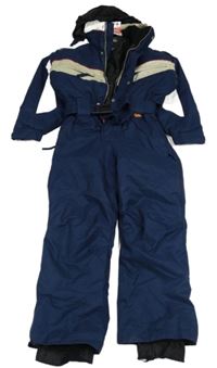 Tmavomodro-světlebéžová šusťáková zimní kombinéza s ukrývací kapucí a páskem NO PANIK