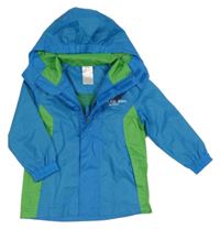 Modro-zelená šusťáková jarní bunda s nápisy a ukrývací kapucí