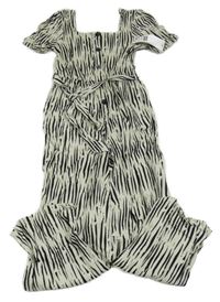 Nové - smetanovo-černý vzorovaný lněný kalhotový overal s páskem F&F