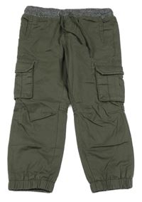 Nové - tmavokhaki cargo plátěné podšité kalhoty s úpletovým pasem POCOPIANO