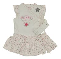 Nové - bílé propínací šaty s nápisy a kytičkami a volánky a všitým body F&F