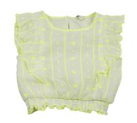 Bílo-neonově žlutá pruhovaná mačkaná crop halenka s výšivkou a volánky RIVER ISLAND