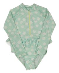 Mentolové květované jednodílné plavky s volánkem s UV ochranou