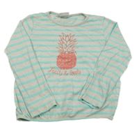 Světlešedo-poměnkové pruhované/perforované melírované triko s ananasem Topolino