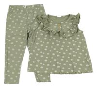 2Set - Světlekhaki žebrované tričko s květy a volánkem + legíny H&M