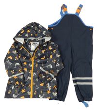 2Set - Tmavomodrá nepromokavá bunda s parníčky a delfínky a kapucí lupilu + laclové kalhoty SeaSons