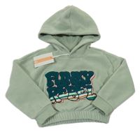Nové - světlekhaki fleecová oversize crop mikina s nápisy a kapucí PEBBLESTONE