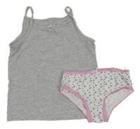 2Set - Šedá melírovaná košilka s mašličkou H&M + bílo/růžové kalhotky se srdíčky PRIMARK