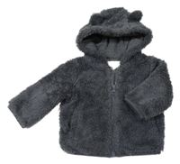 Tmavošedá huňatá podšitá bunda s kapucí s oušky  Tu