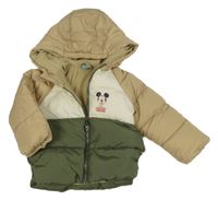 Béžovo-smetanovo-khaki prošívaná šusťáková zimní bunda s Mickey a kapucí Disney