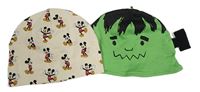 2x bavlněná čepice - béžová s Mickeym + zelená - Frankenstein